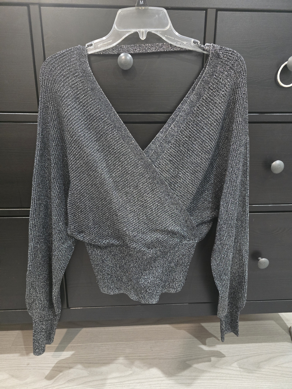 INC International Concepts Metallic Charcoal V-Neck Wrap Sweater